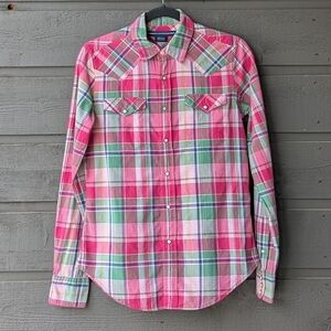 Ralph Lauren Sport Pink and Green Madras Plaid Western Snap LS Shirt Size 6